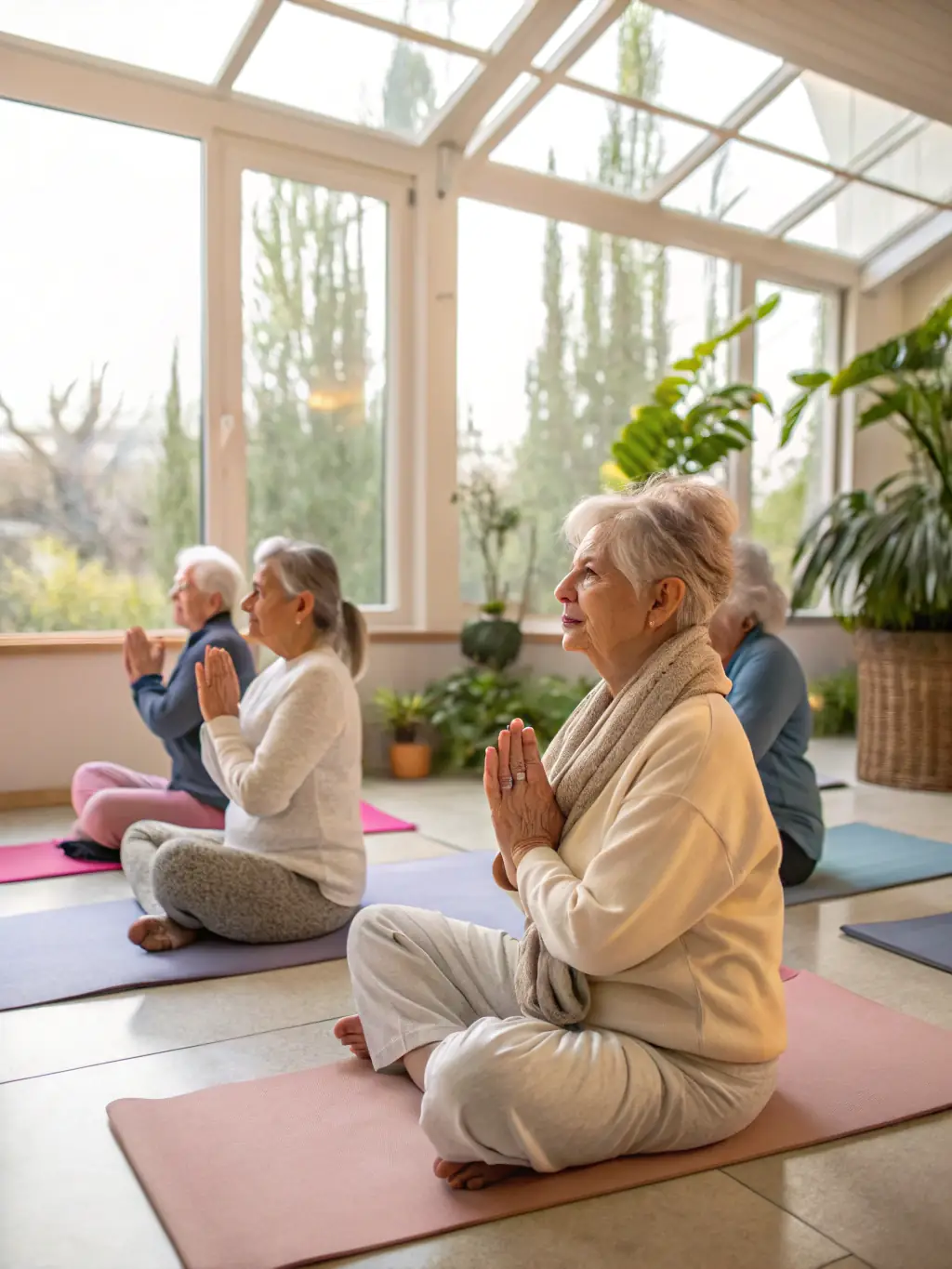 A group of seniors engaged in a gentle yoga session, led by an instructor in a spacious, sunlit room at ASSOCIATION FAMILIALE RURALE.