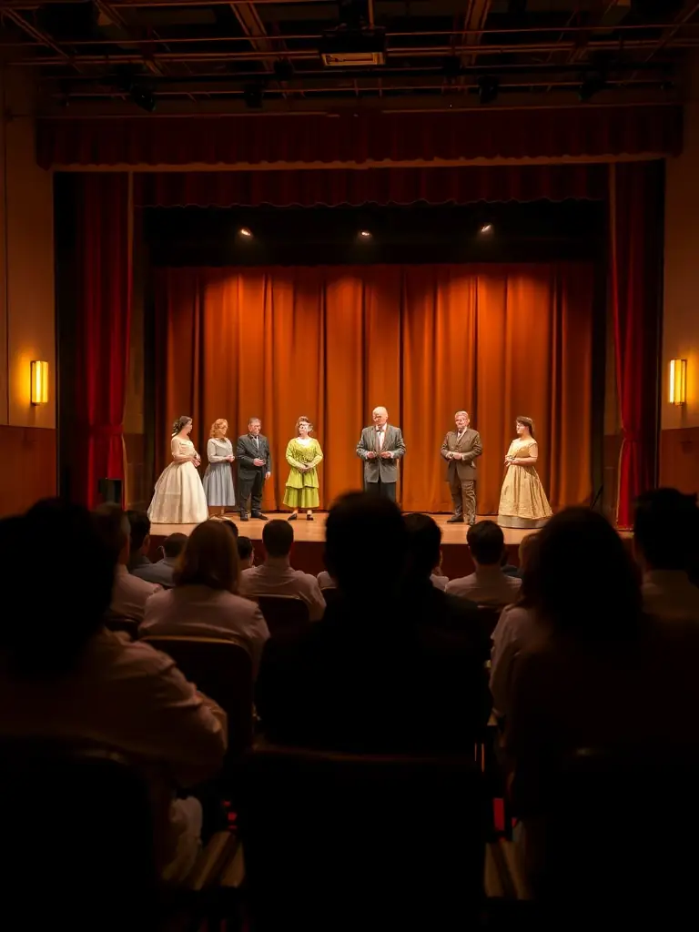 A vibrant scene from a community theater performance, showcasing actors in colorful costumes on a well-lit stage at ASSOCIATION FAMILIALE RURALE.