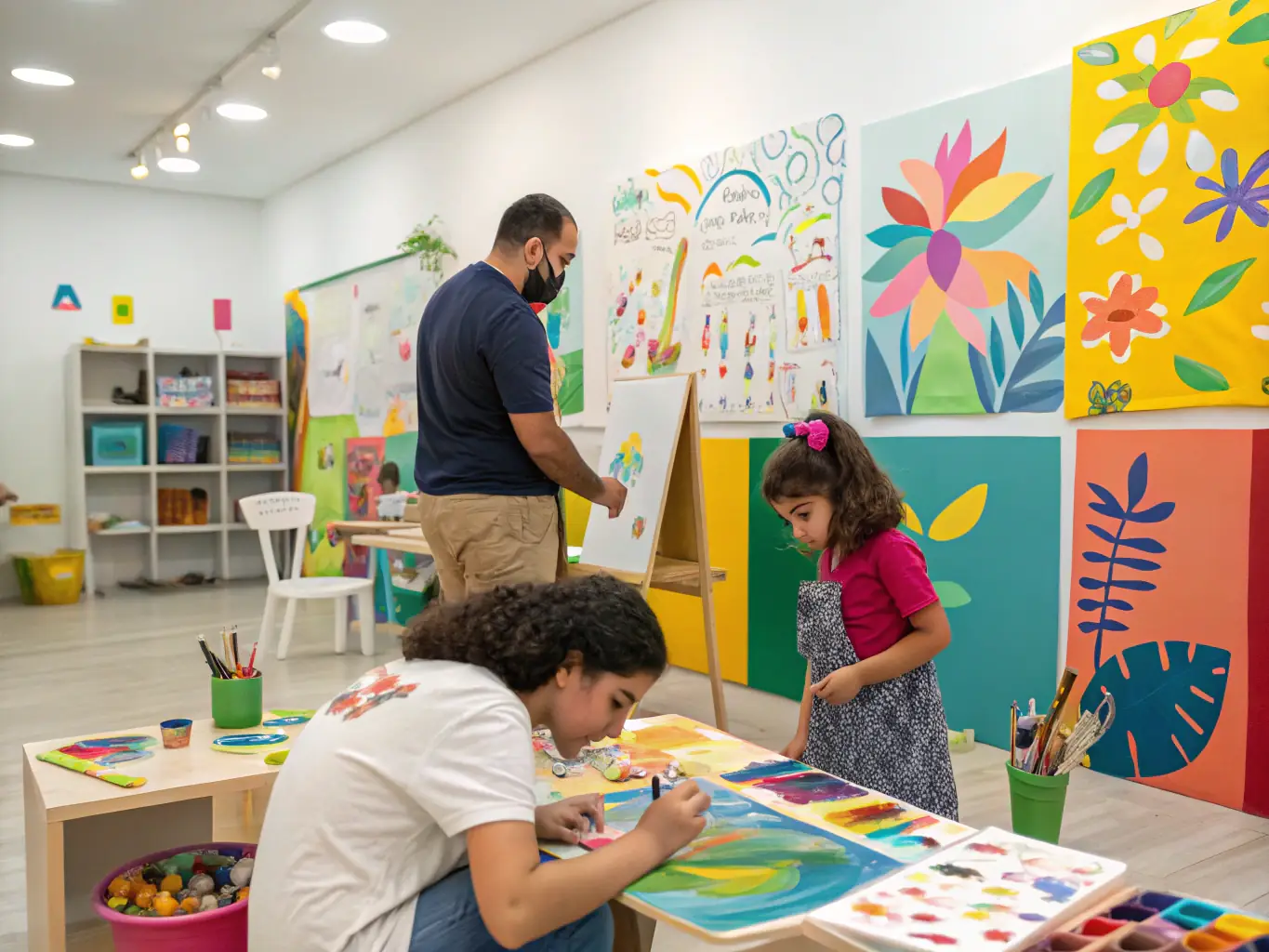 A vibrant photo of children and adults engaged in a painting workshop in a bright community space, showcasing the cultural and artistic workshops offered by ASSOCIATION FAMILIALE RURALE.