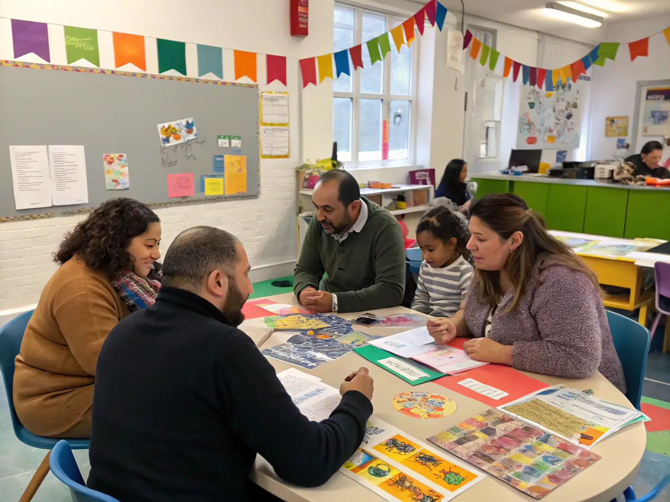 A warm image of parents and children participating in an interactive workshop at the ASSOCIATION FAMILIALE RURALE, symbolizing family support and learning.