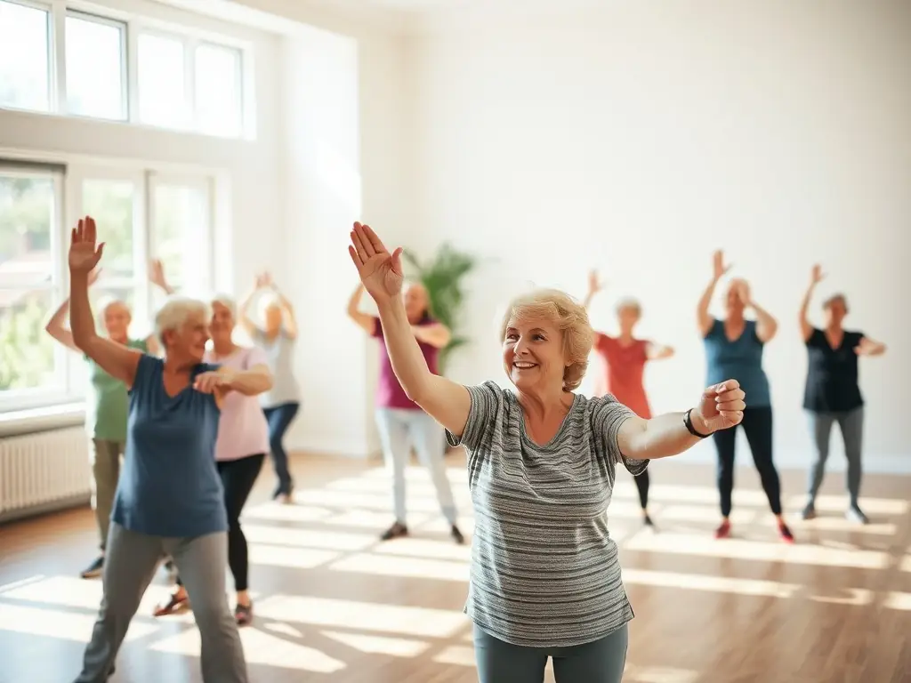 A photo of a group of seniors participating in a gentle exercise class at ASSOCIATION FAMILIALE RURALE, promoting health and well-being.