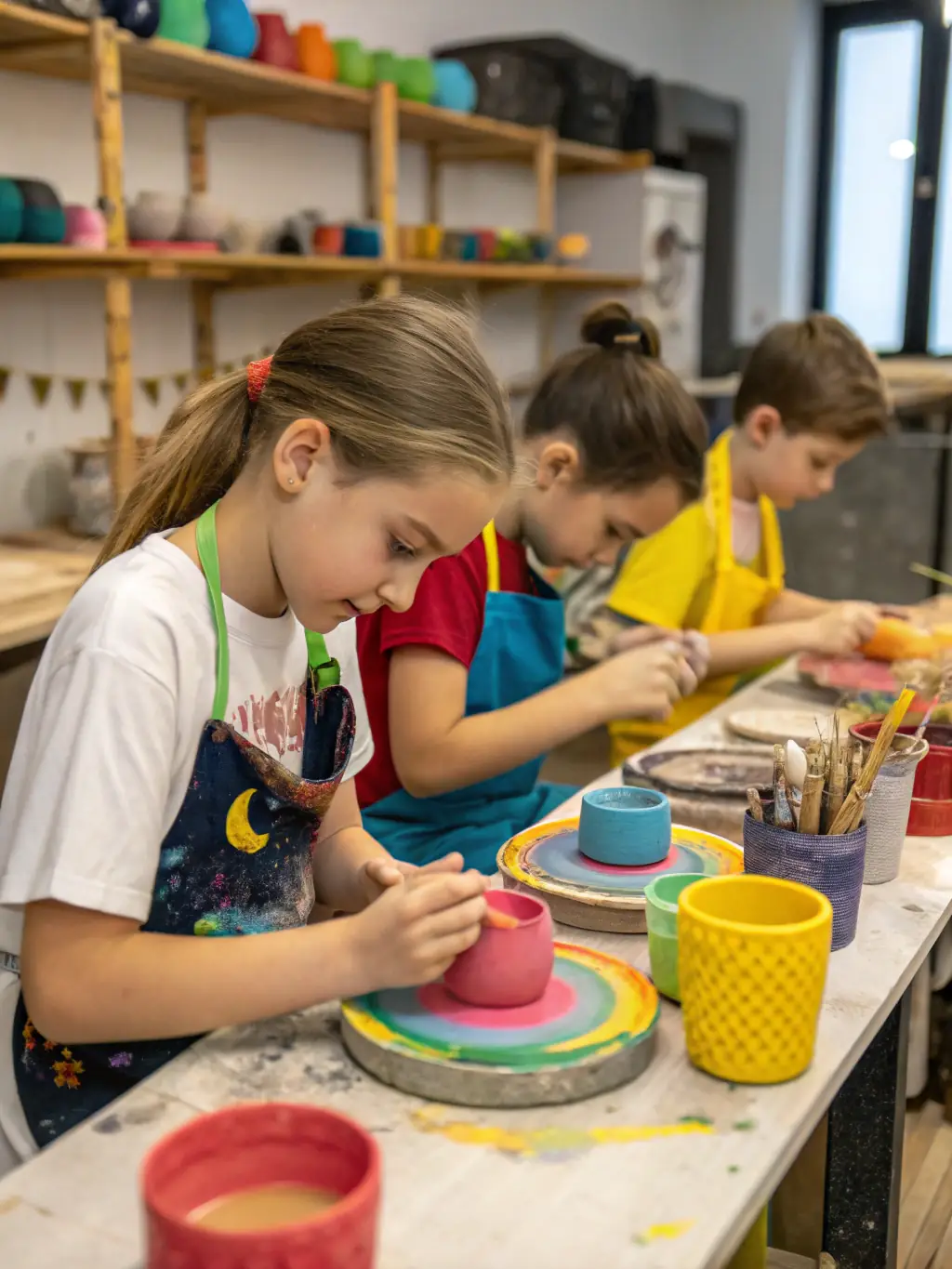 A group of children participating in a pottery workshop, their hands covered in clay, with a teacher guiding them in a bright, art-filled studio at ASSOCIATION FAMILIALE RURALE.