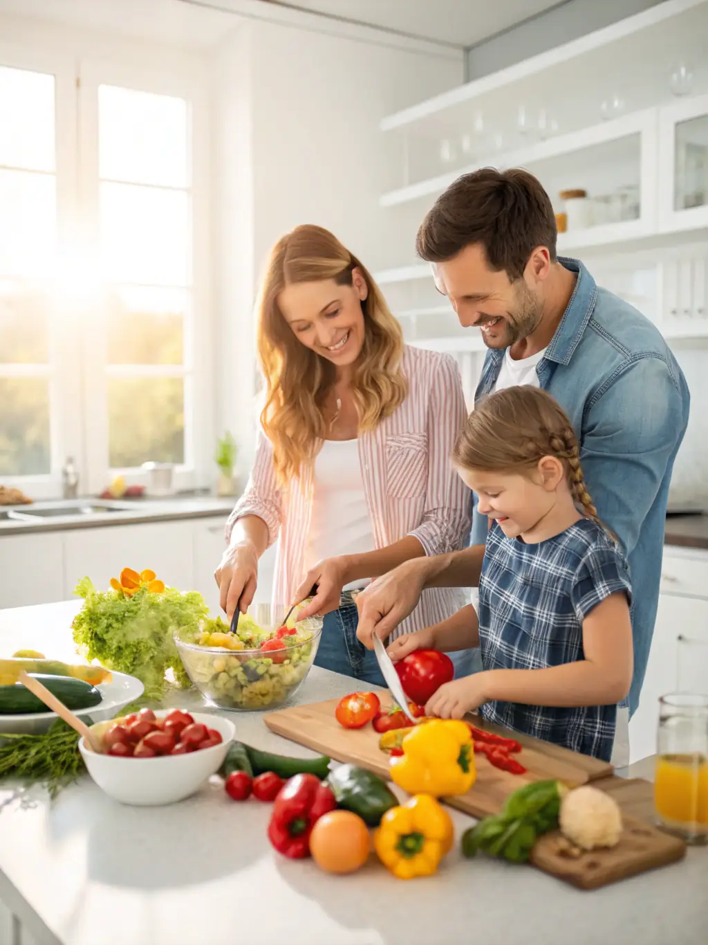A lively scene from a family cooking class, with parents and children working together to prepare a healthy meal in a modern kitchen at ASSOCIATION FAMILIALE RURALE.